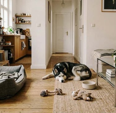 A dog lying on the floor in a small living room with toys and a pet bed, creating a lived-in home environment