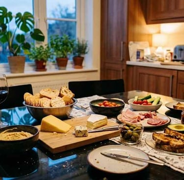 Casual picky tea dinner with cheese, crackers, toast and leftovers on a kitchen table in a warm evening home setting