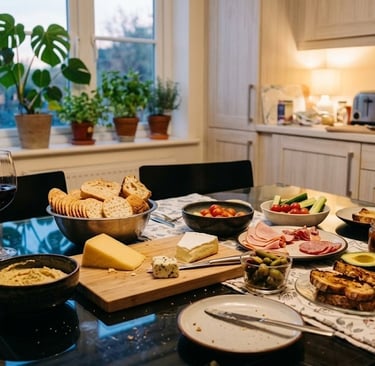 Casual picky tea dinner with cheese, crackers, toast and leftovers on a kitchen table in a warm evening home setting