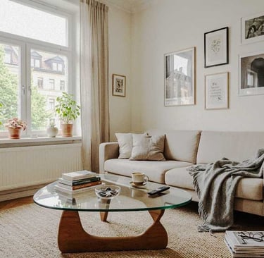  A clean but slightly cluttered living room with a coffee table, mug, books, and a cosy sofa in natural light