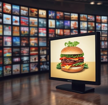 A sleek grid of video thumbnails showing cinematic food scenes in a dark minimalist layout