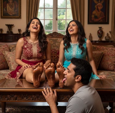 men lick choklet solution from two girl feet