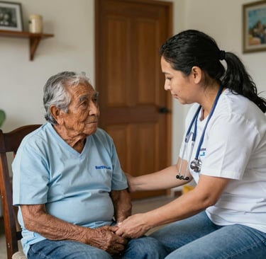 A friendly interpreter assisting a migrant during a medical appointment, fostering understanding and trust.
