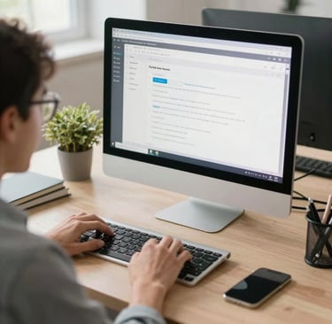 A clean, modern workspace with a laptop displaying a loan simulator interface in white and green tones.