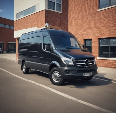A sleek black delivery van with gold and aqua accents parked outside a modern warehouse at dusk.