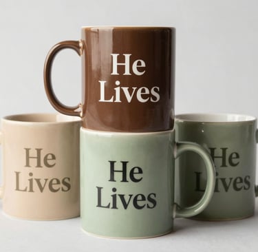 A collection of ceramic mugs with faith-inspired quotes arranged on a sand-colored cloth.