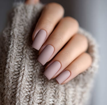 Matte mauve nude nails styled with a cozy knit sweater