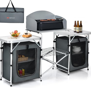 Goplus Folding Camping Kitchen Table with Storage, Aluminum Portable Outdoor Cooking Table with Wind