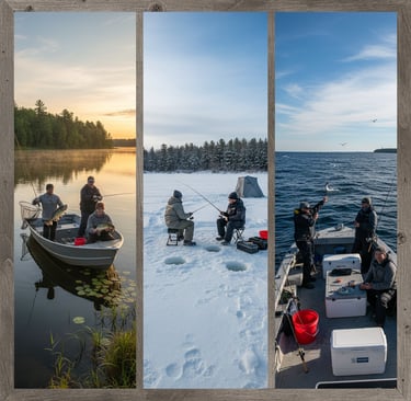 Friends fishing in different seasons including boat fishing on a lake and winter ice fishing.
