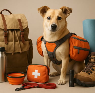 A tan dog wearing an orange hiking pack surrounded by outdoor camping gear and a first aid kit.
