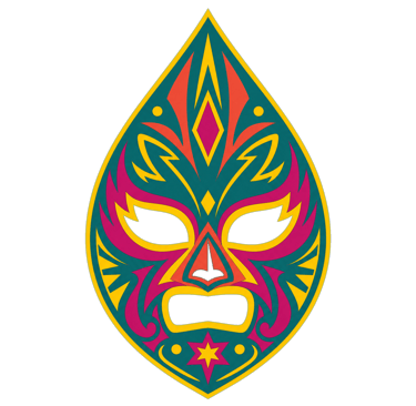 Colorful Lucha Libre mask illustration with teal, pink, and yellow tribal patterns on a black background.