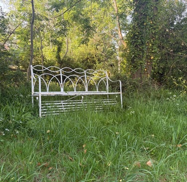 White metal decorative garden bench sitting in long green grass surrounded by lush trees and foliage.