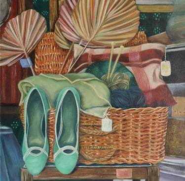 In her beloved teal shoes she danced all night. Oil on linen. 60 x 50 cm.  Sold
