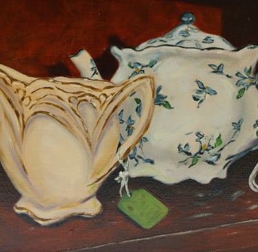 Over tea, they laughed and cried for hours. Oil on linen. 25 x 20 cm. Sold