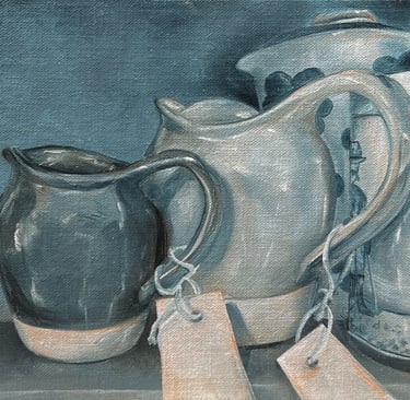 Jugs and juncture. Oil on linen. 20 x 25 cm. Sold