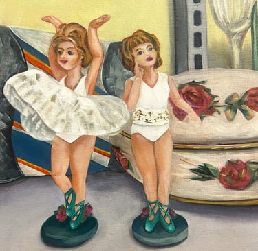 Tiny tutus, twirling the tears away. Oil on linen. 20 x 20 cm.. Sold