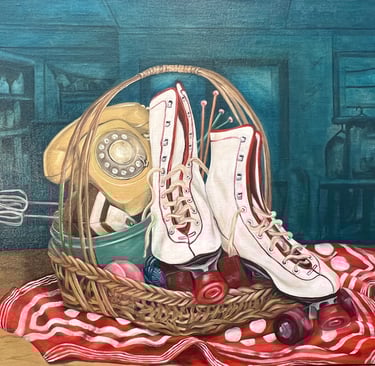 Roller skating baby - oil on linen. 65 x 86 cm. Sold