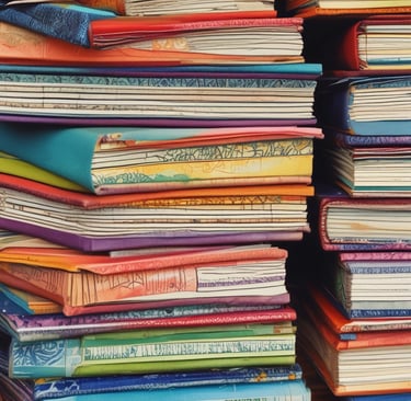 A stack of beautifully bound journals with artistic covers displayed on a shelf.