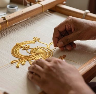 Close-up photography of South Asian hands working with gold Zari thread on a wooden embroidery frame in a sunlit, warm workshop.
