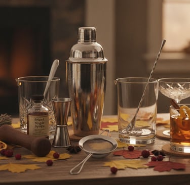 Verres et accessoires pour préparer des cocktails dans une ambiance automnale