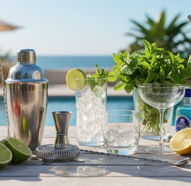 Verres et accessoires pour préparer des cocktails d'été à base de menthe et de fruits de saison