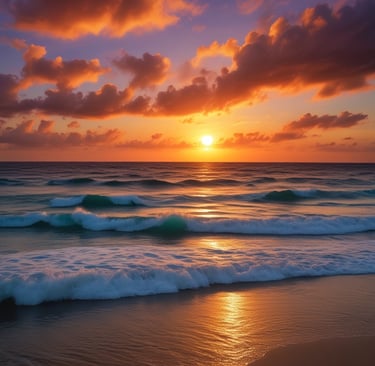 A serene sunrise over a calm beach with soft golden light reflecting on gentle waves.