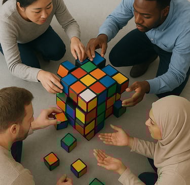 a group of people working together to assemble a rubic's cube