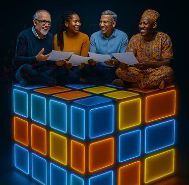 a group of people sitting around a cube - like object