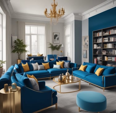 a living room with blue couches and a chandelier