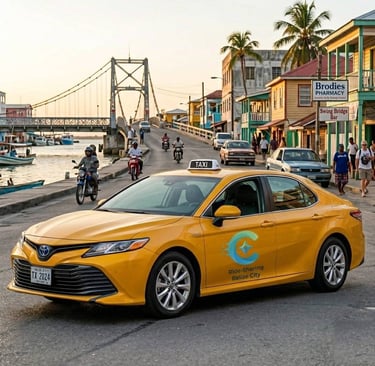 Yellow Toyota taxi in Belize City near the historic Swing Bridge and palm trees.