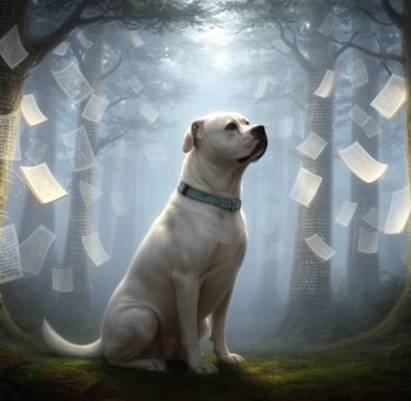 White dog sitting in a mystical forest with floating book pages and trees covered in text.