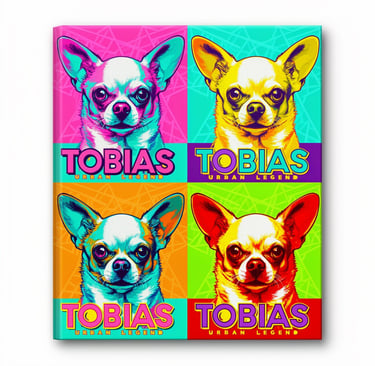 Pop art style Chihuahua canvas print with colorful panels and Tobias Urban Legend text.