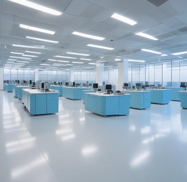 Technician applying a self-levelling epoxy coating in a factory workshop, with tools and equipment around.