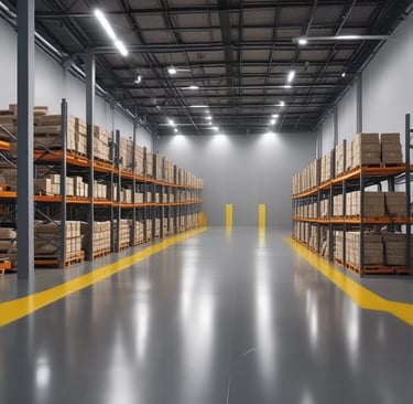 Workers applying a self-levelling epoxy coating in a factory setting, with tools and materials visible.