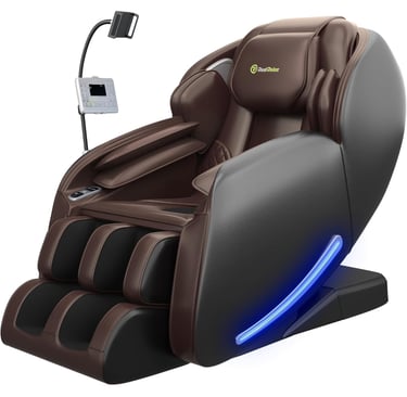 Luxury brown and black zero gravity massage chair with LED lights and a digital controller.