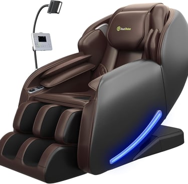 Luxury Real Relax full body massage chair in brown leather with zero gravity and LED lighting.