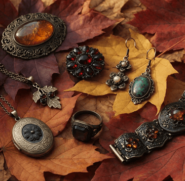 Vintage bohemian jewelry including amber brooches and turquoise earrings on a bed of autumn maple leaves.