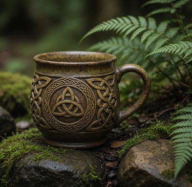 Handmade ceramic mug with Celtic knot and triquetra design on mossy forest rocks.