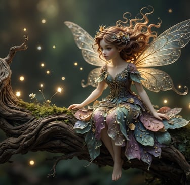 Magical forest fairy with iridescent wings sitting on a mossy tree branch surrounded by glowing fireflies.