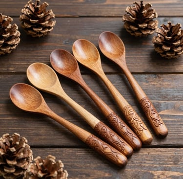 A set of wooden spoons with carved handles, arranged on a dark wooden table surrounded by pinecones.