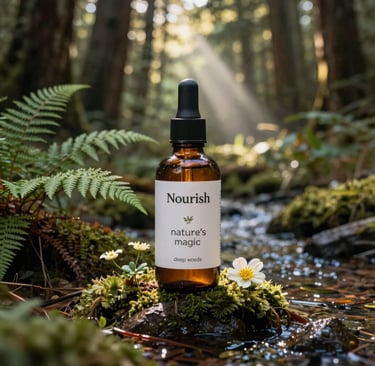 A softly glowing jar of forest-inspired face cream nestled among moss and delicate wildflowers.