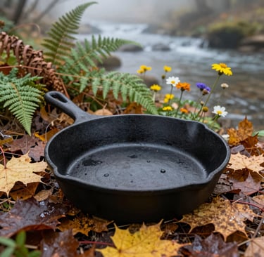 A cast iron skillet resting on a bed of autumn leaves with a hint of morning mist.