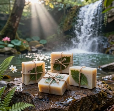 a damp rock displaying handcrafted herbal soaps wrapped in leaves and twine, set in front of a pond
