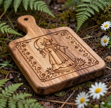 Handcrafted wooden cutting board with laser-engraved witch design on a forest floor with ferns and daisies.