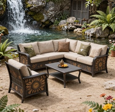 Wicker sectional sofa and coffee table set arranged on a beach by a backyard waterfall.