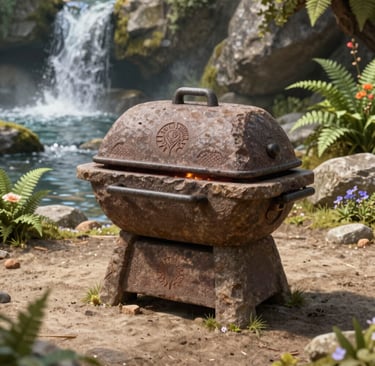 Ancient stone grill with ornate carvings sitting outdoors near a tropical waterfall and lush greenery.