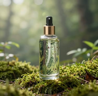 A delicate glass bottle of forest-inspired facial mist resting on moss with soft morning light filte