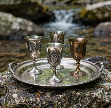Ornate silver and bronze medieval beer steins on a wooden tray by a woodland stream.