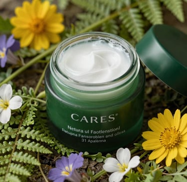 Close-up of a deep green jar of natural face cream surrounded by wildflowers and ferns.
