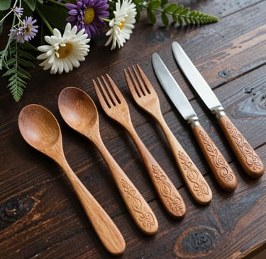 Handcrafted wooden cutlery set with engraved handles and daisies on a rustic dark wood table.